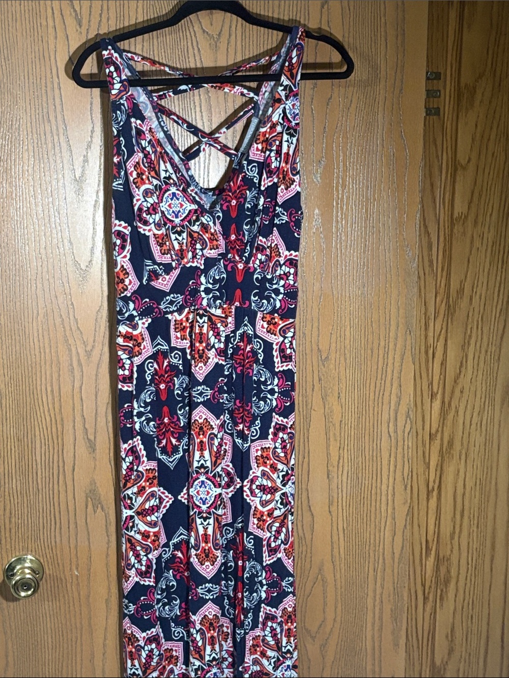 Loveappella Navy Pink Red Patterned Maxi Dress with Crisscross Back